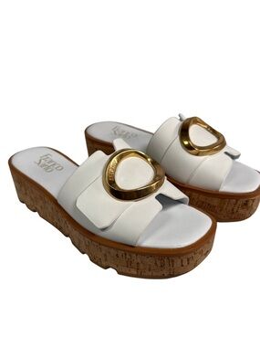 NWOB Franco Sarto Hoda Platform Slide Sandals White Leather Gold Hardware – Size